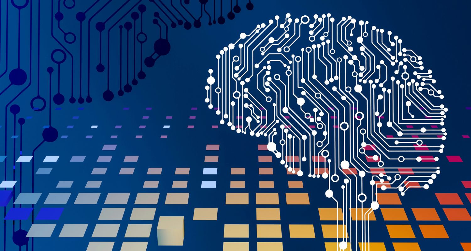Abstract image of a digital brain made of circuitry over a colorful background, symbolizing AI and technology concepts.